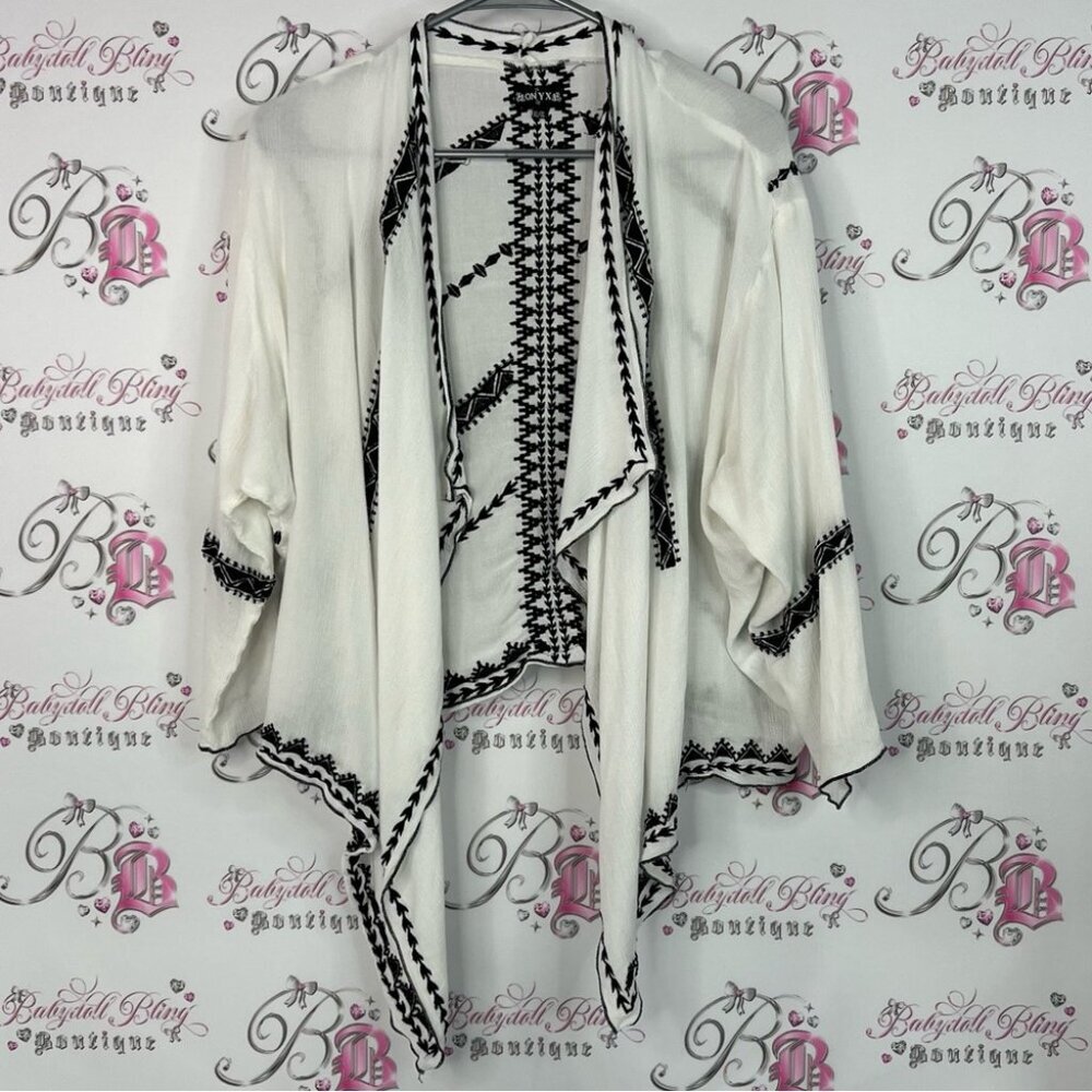 Onyx cardigan open waterfall Aztec distressed Black and White Patterned Cardigan